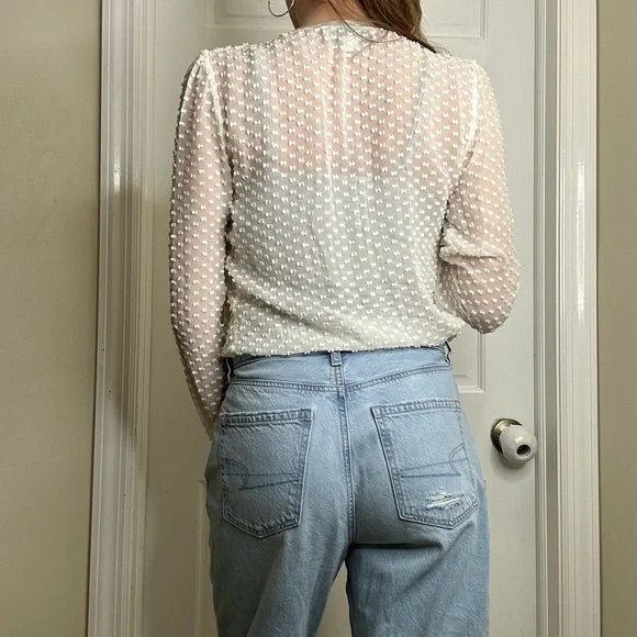 Beyond Vintage Swiss Dot V-Neck Long Sleeve Sheer Silk Top in White - Small - Picture 3 of 16